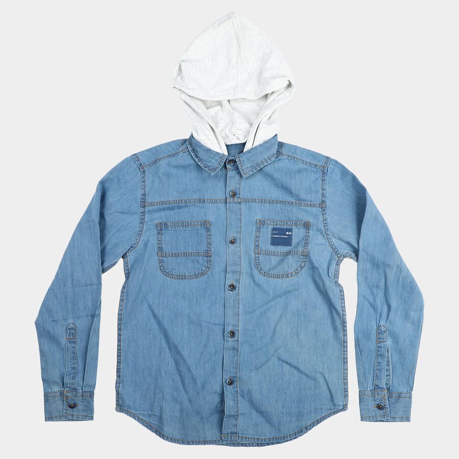 Boys Light Blue Long Sleeves Hooded Shirt, Light Blue, large