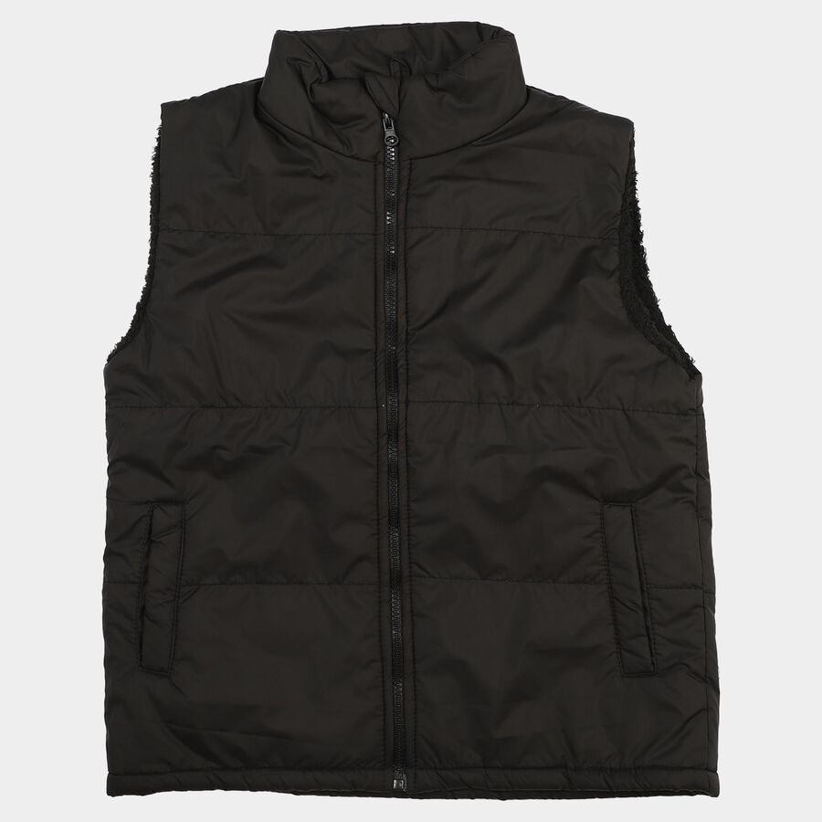 Boys Black Stand Collar Puffer Jacket, Black, large