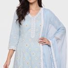 Women Light Blue 100% Cotton Embroidered Ethnic Set, Light Blue, small