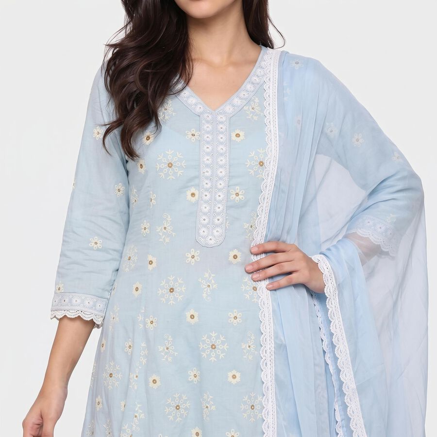 Women Light Blue 100% Cotton Embroidered Ethnic Set, Light Blue, large
