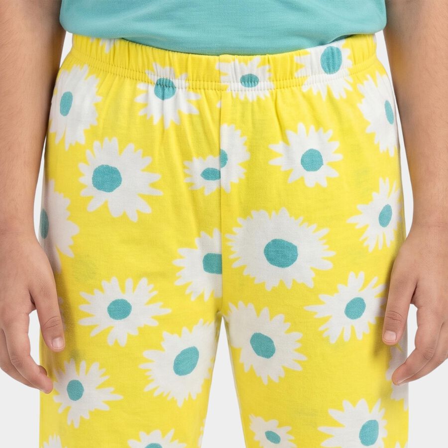 Girls' Yellow Straight Fit Floral Printed Cotton Blend Pyjama, Yellow, large
