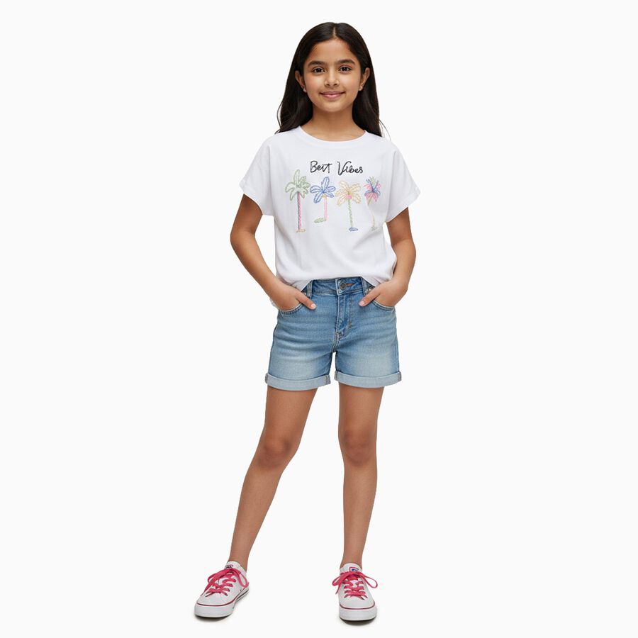Girls' White Cotton Round Neck Embroidered T-Shirt, सफ़ेद, large