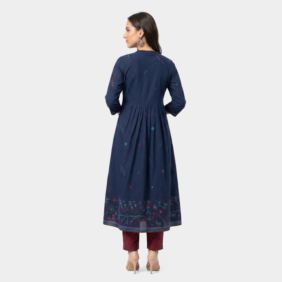 Women's Blue Cotton Mandarin Collar Printed Kurta, Navy Blue, large