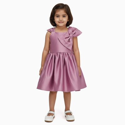Girls' Dusty Lavender Pink Pearl Embellished Bow Party Frock