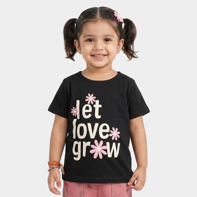 Girls Black Cotton Blend Round Neck Regular T-Shirt