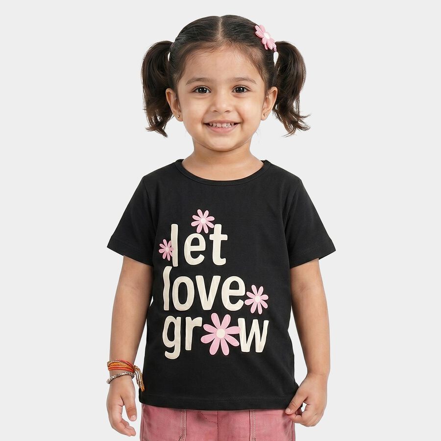 Girls Black Cotton Blend Round Neck Regular T-Shirt, Black, large