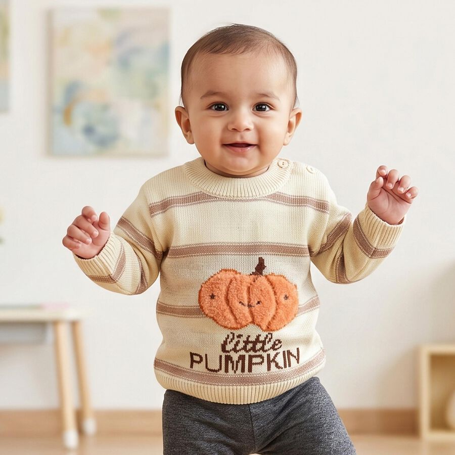 Infants' Beige Crew Neck Printed Pullover, गहरा पीला, large