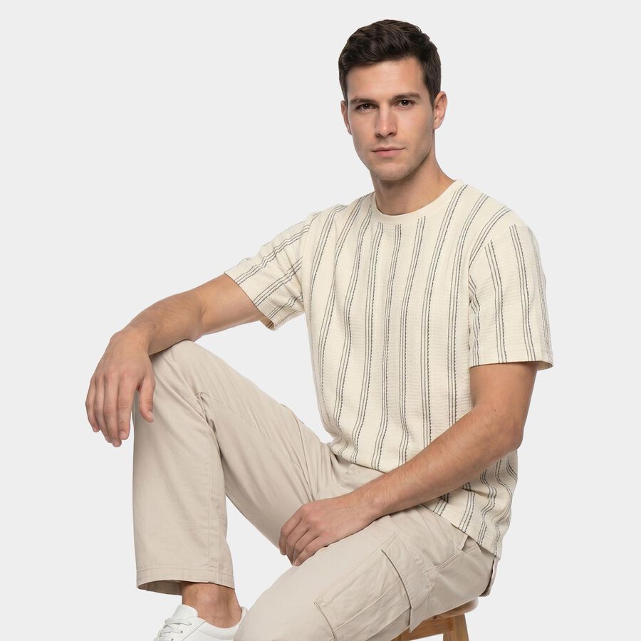 Men's White Round Neck Regular T-Shirt, Off White, large