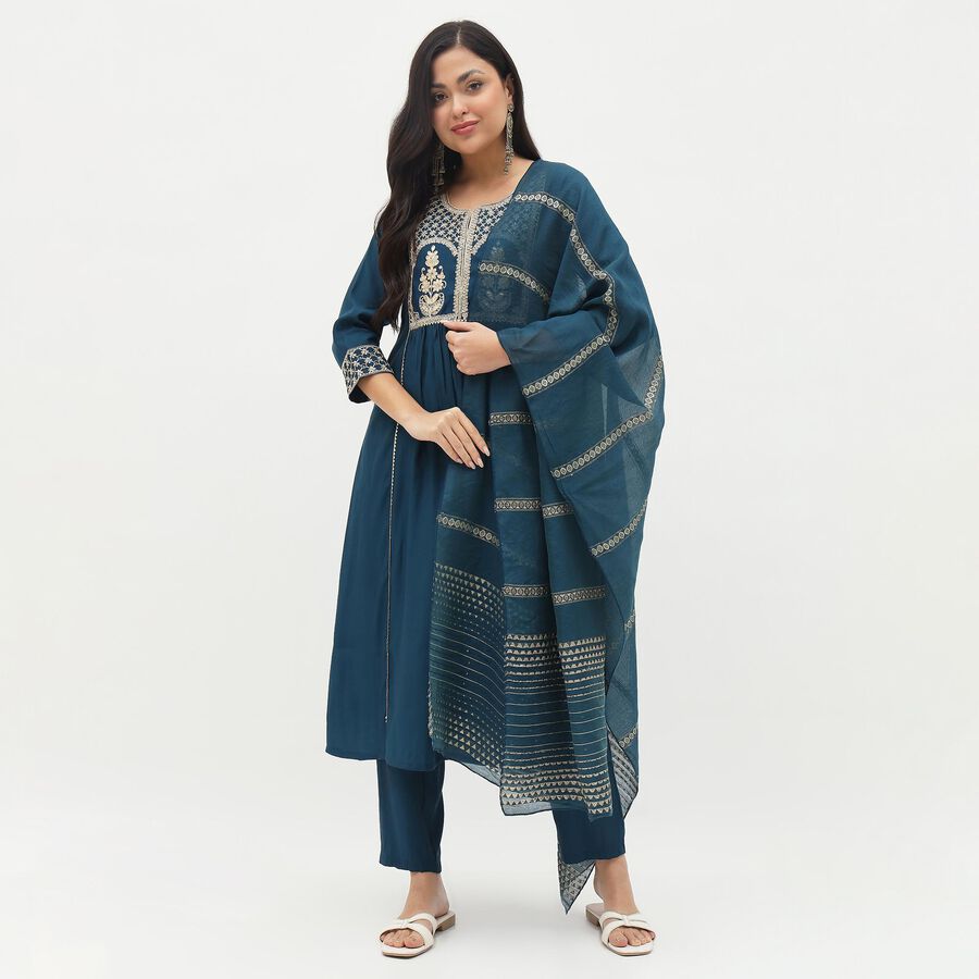 Women's Deep Teal Embroidered Ethnic Set, Teal Blue, large