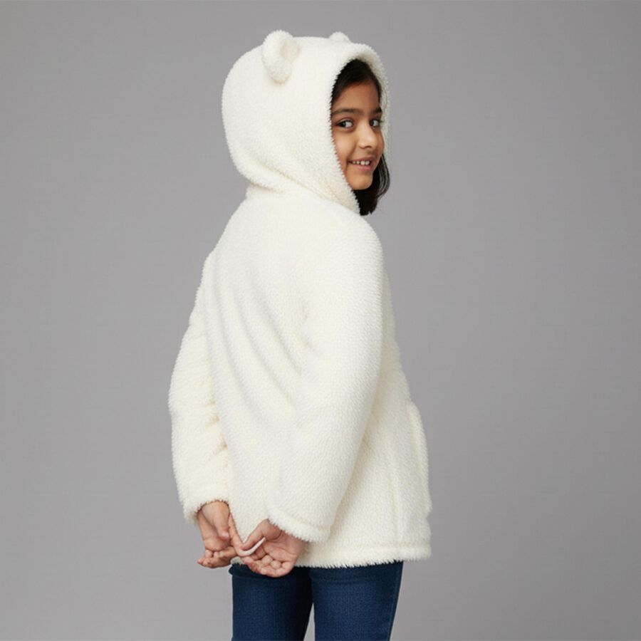 Girls' White Hooded Casual Jacket, Off White, large image number null