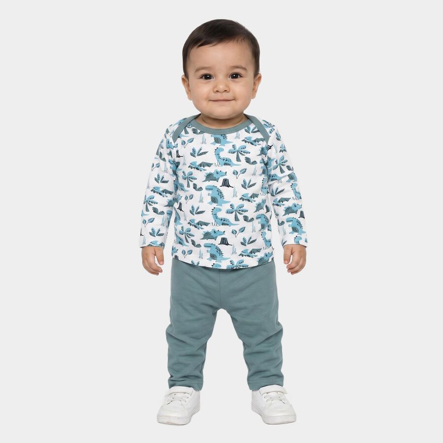 Infants' Light Blue 100% Cotton Round Neck Printed Baba Suit, टील ब्लू, large