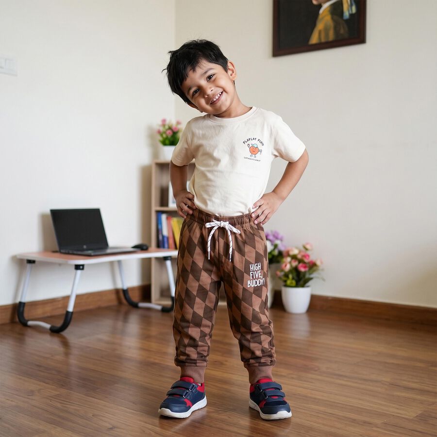 Boys Brown Jogger Fit Printed Pyjama, Brown, large