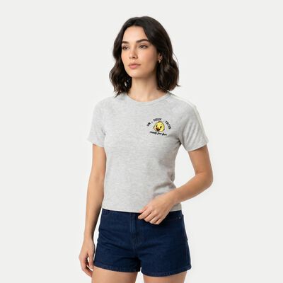 Women's Grey Cotton Blend Round Neck Regular T-Shirt