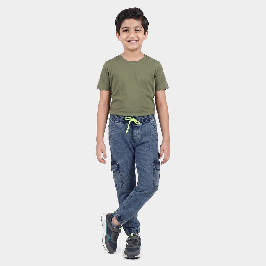 Boys Blue Cargo Jogger Fit Washed Jeans, मध्यम नीला, large