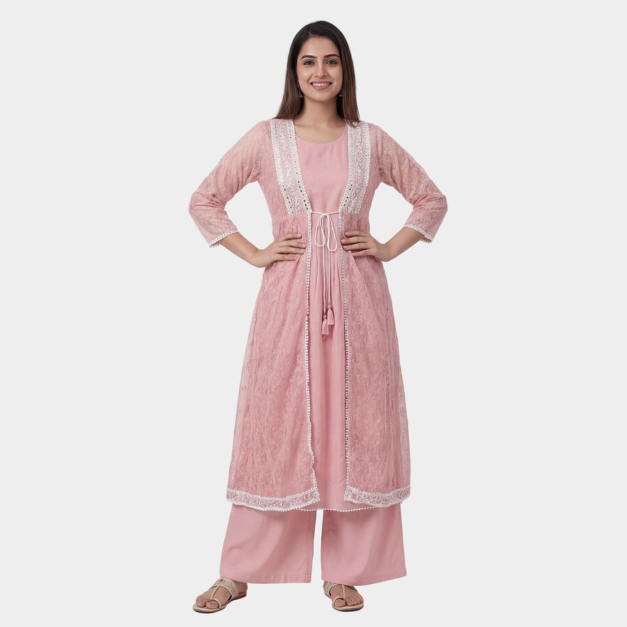 Women's Pink Round Neck Solid Kurta, Light Pink, large
