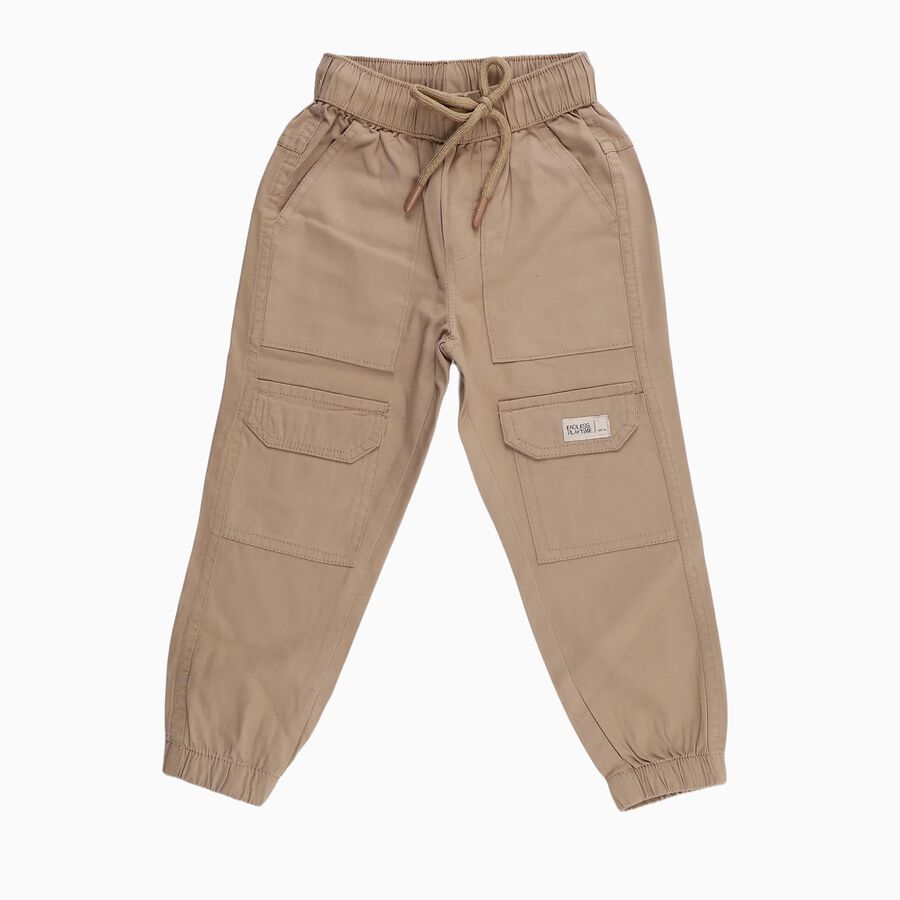 Boys Beige Regular Fit Cargo Trousers with Elastic Waist, Beige, large image number null
