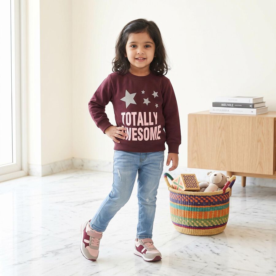 Girls' Maroon Round Neck Pullover Sweatshirt, वाइन, large