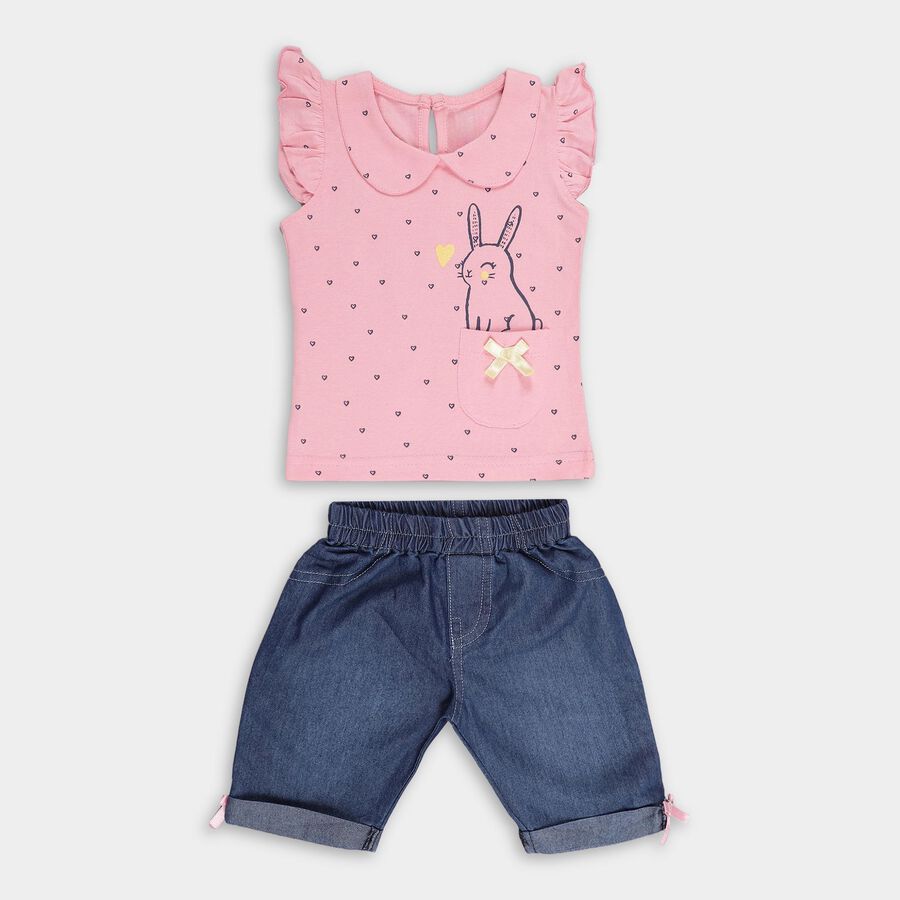Infants' Soft Pink Cotton Bunny Printed Sleeveless Casual Top and Capri Set, Pink, large