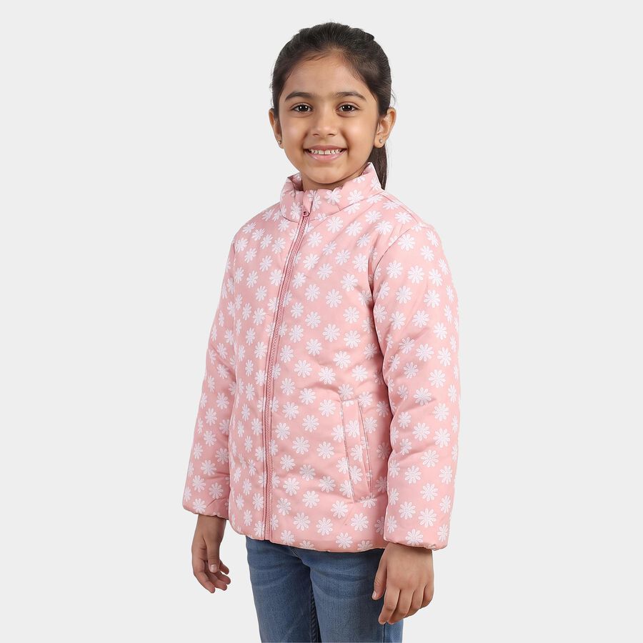 Girls' Pink Stand Collar Puffer Jacket, Pink, large