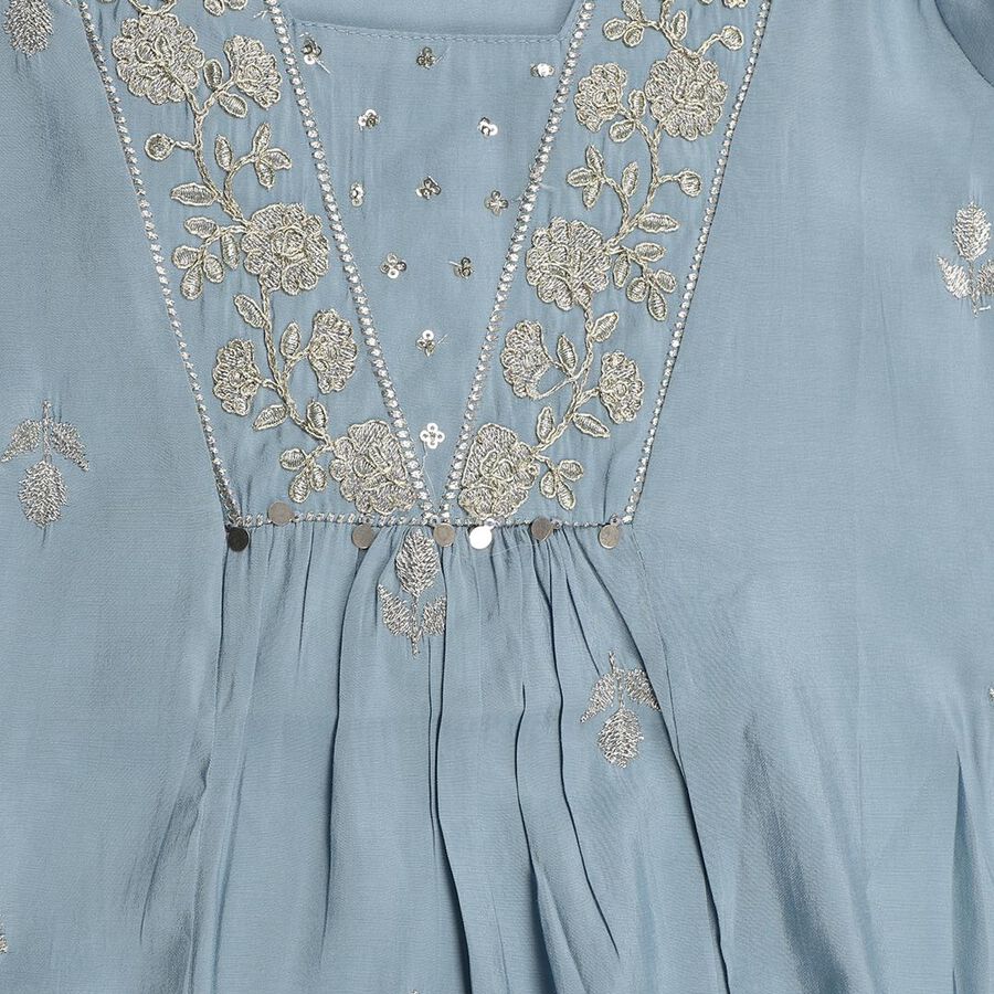 Girls' Sky Blue Cotton Embroidered Kurta and Churidar Fusion Set, Light Blue, large image number null