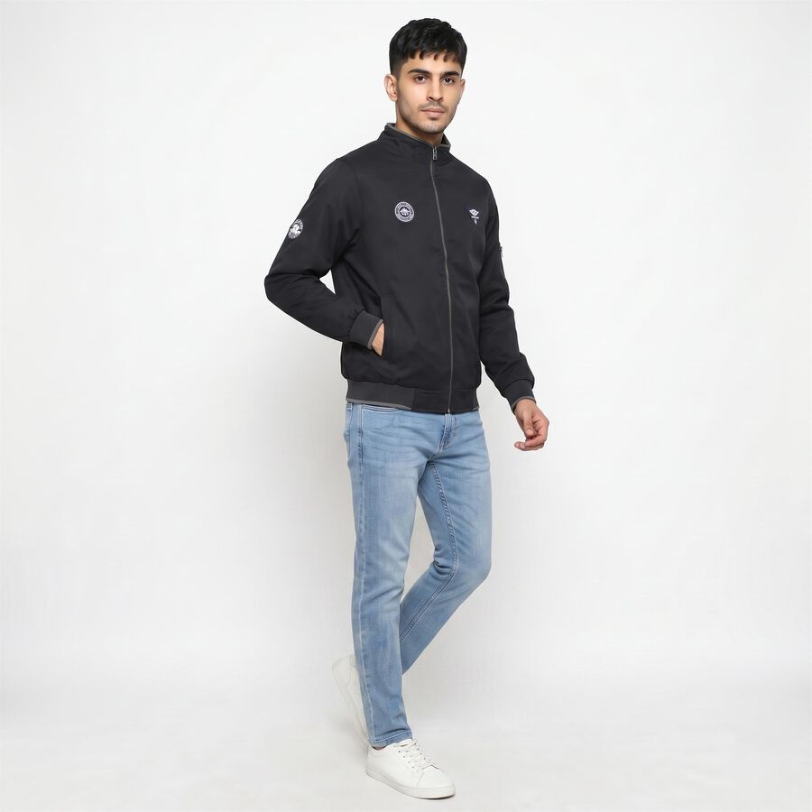 Men's Navy Blue Stand Collar Bomber Jacket, Navy Blue, large