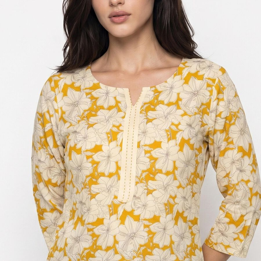 Women's Yellow Notch Neck Floral Printed Kurti, मस्टर्ड, large
