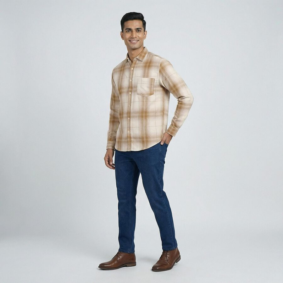 Men's Beige Cotton Button-Down Casual Shirt, Beige, large