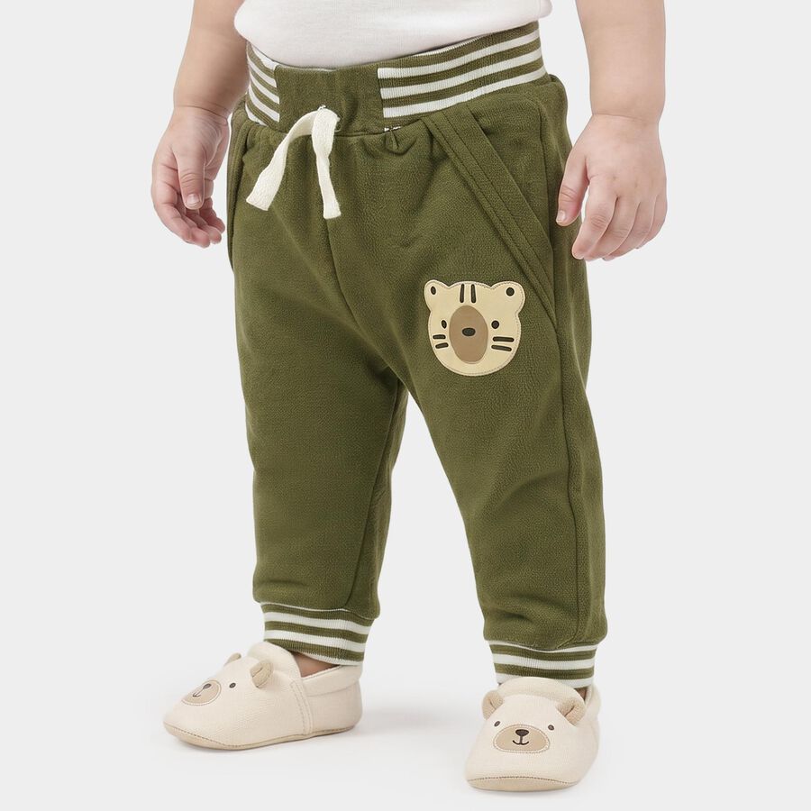 Infants Olive Green Jogger Animal Patch Cotton Blend Pyjama, ओलिव, large
