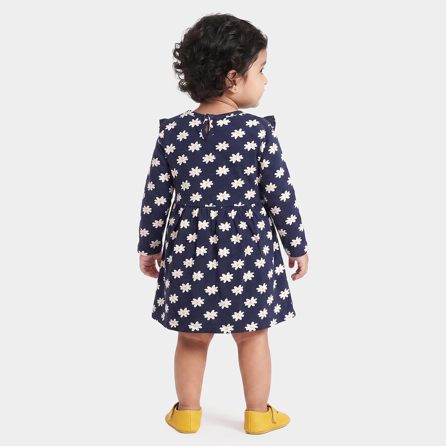 Infants' Navy Blue Floral Printed Fit and Flare Frock, नेवी ब्लू, large