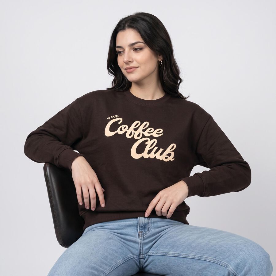 Women Brown Crew Neck Graphic Print Sweatshirt, भूरा, large
