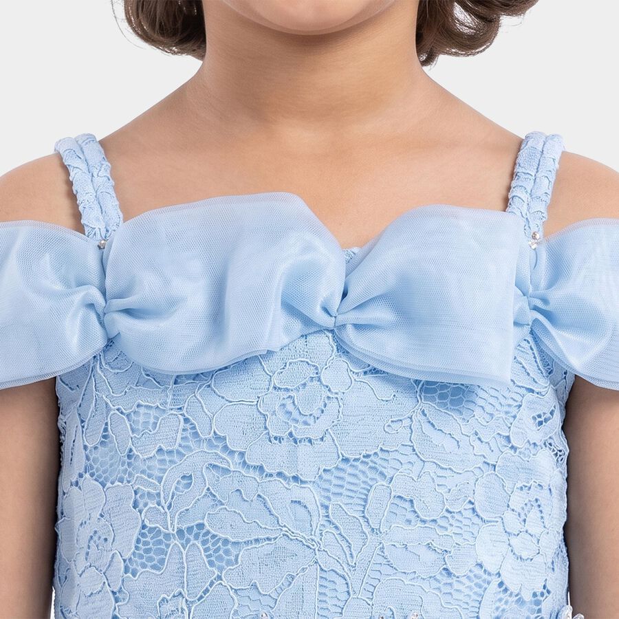 Girls' Light Blue Fit and Flare Bow Detail Party Wear Frock, Light Blue, large