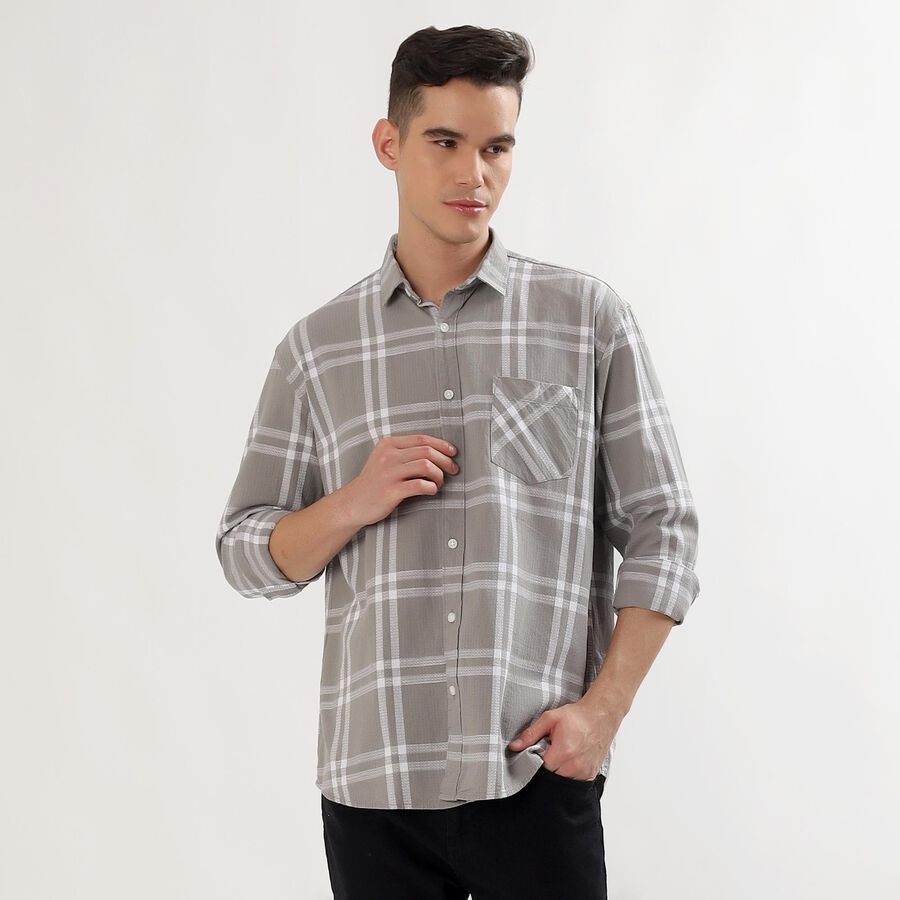 Men's Light Grey Cotton Button-Down Casual Shirt, Light Grey, large image number null