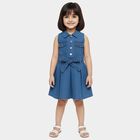 Girls' Blue Denim Sleeveless Belted Frock, Mid Blue, small