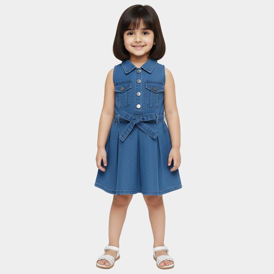 Girls' Blue Denim Sleeveless Belted Frock, Mid Blue, large
