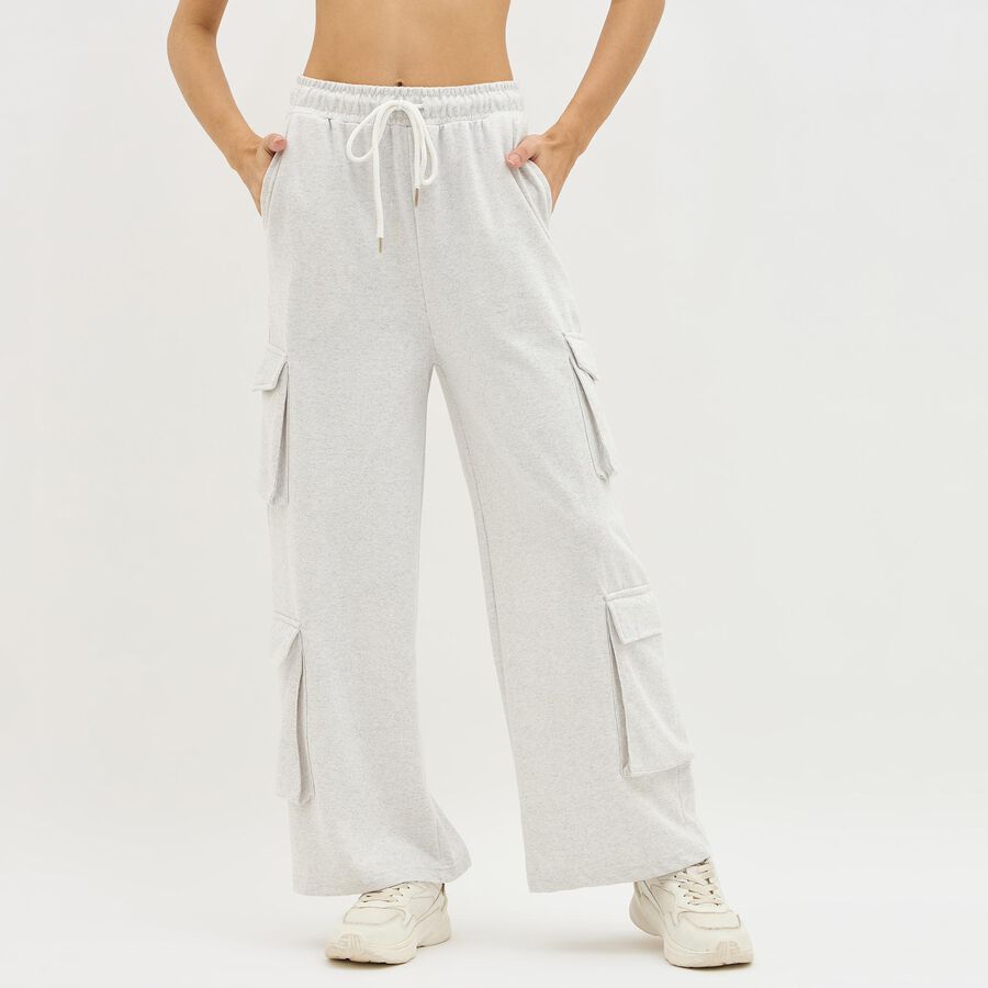 Women's Light Ash Grey Regular Fit Cargo Track Pants, Ecru Melange, large image number null