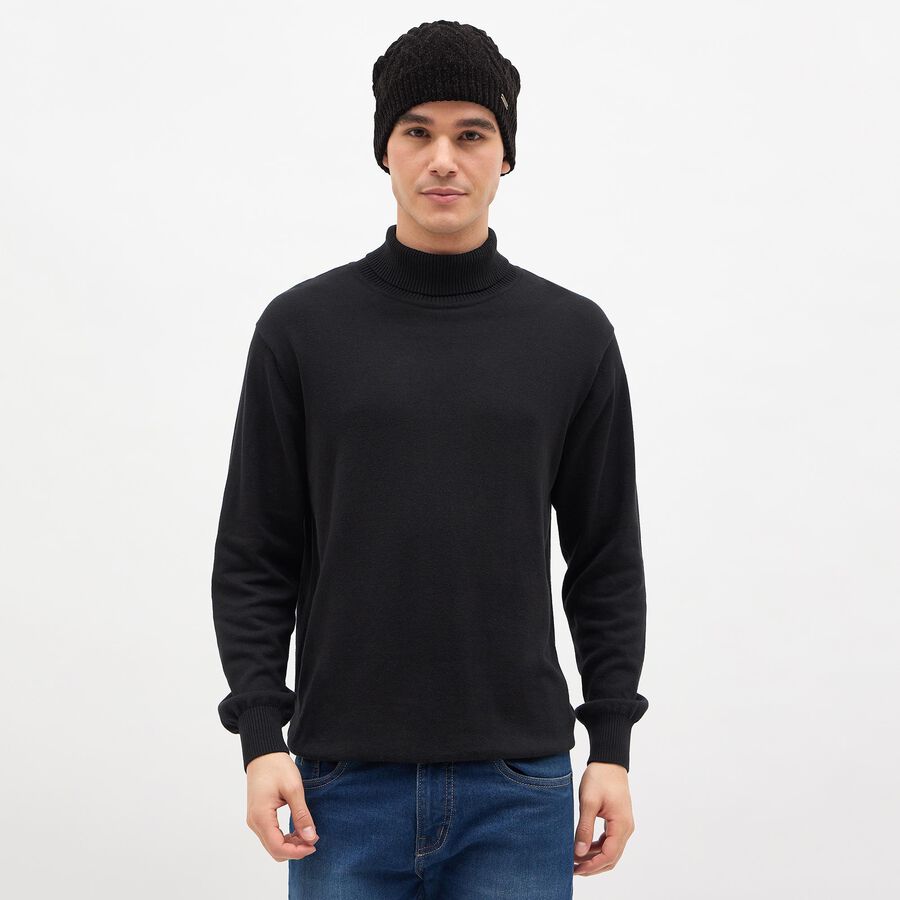 Men's Jet Black Knitted Winter Cap, Black, large image number null