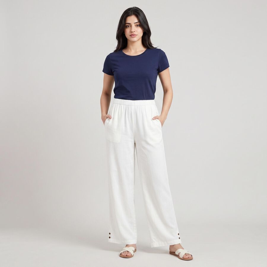 Women's White Regular Fit Elastic Waist Palazzos, ऑफ व्हाइट, large
