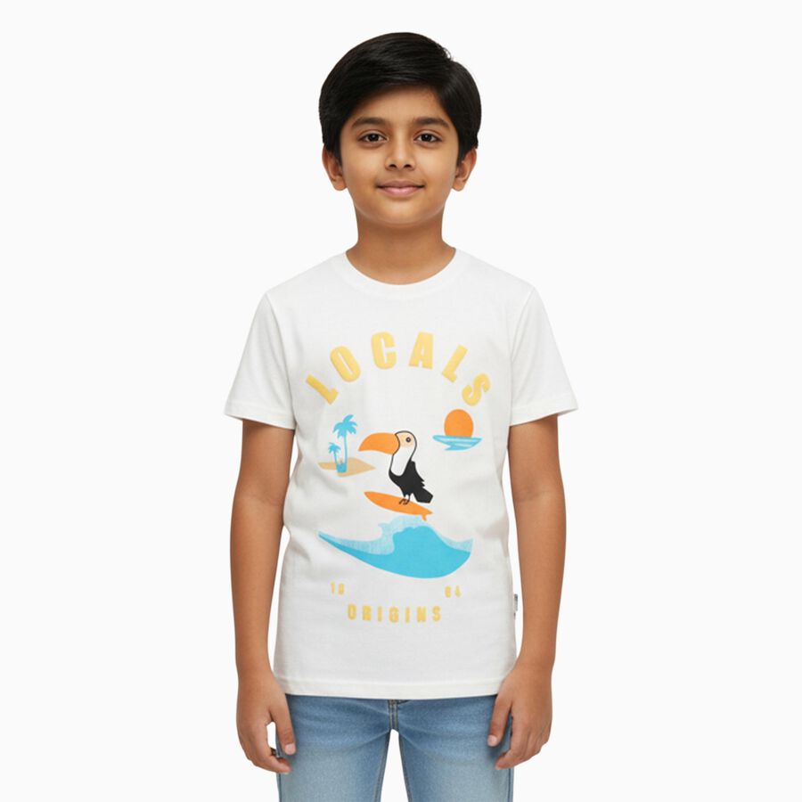 Boys Off-White Cotton Round Neck Casual T-Shirt, Off White, large