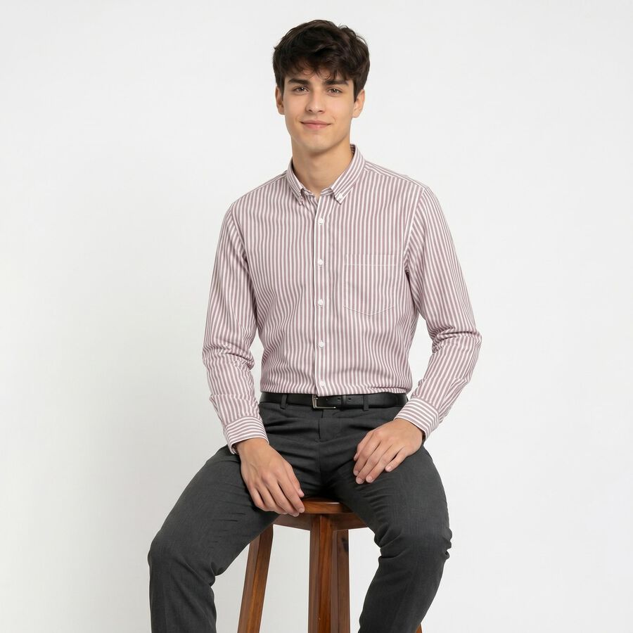 Men's Maroon Striped Regular Fit Formal Shirt, मरून, large