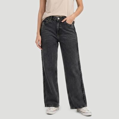 Women's Dark Grey Straight Fit Braided Side Tape Jeans