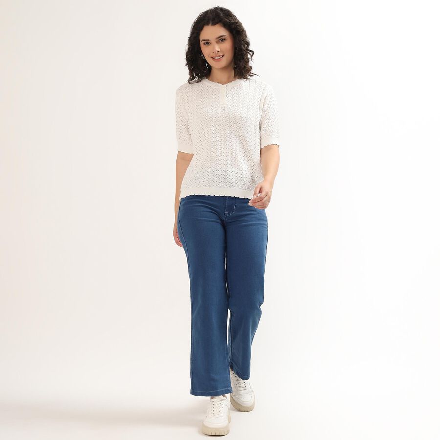 Women's Rich Eggshell White Buttoned Round Neck Casual Top, सफ़ेद, large