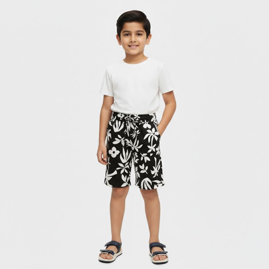 Boys' Black and White Floral Print Cotton Jamaican Shorts, Black, large