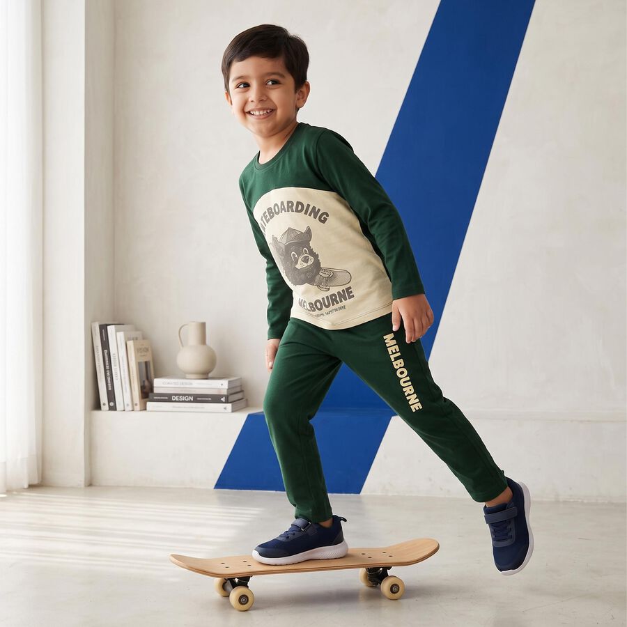 Boys' Green 100% Cotton Round Neck Graphic Print Baba Suit, गहरा हरा, large