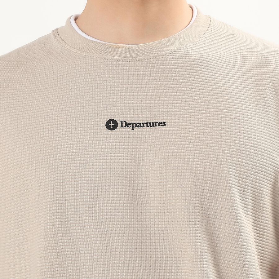 Men's Beige Round Neck Casual T-Shirt, Beige, large