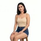 Women Beige Scoop Neck Camisole Slip, गहरा पीला, small