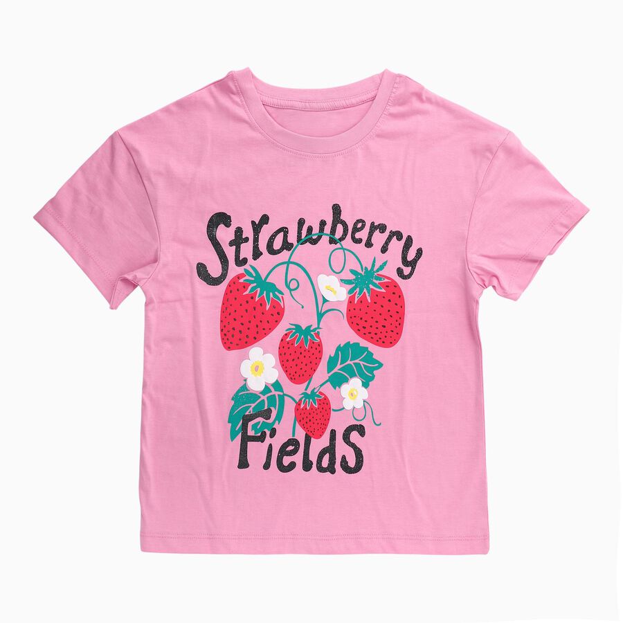 Girls Bright Pink Cotton Round Neck Casual T-Shirt, गुलाबी, large