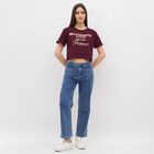 Women's Deep Burgundy Cotton Round Neck Casual Crop T-Shirt, Wine, small
