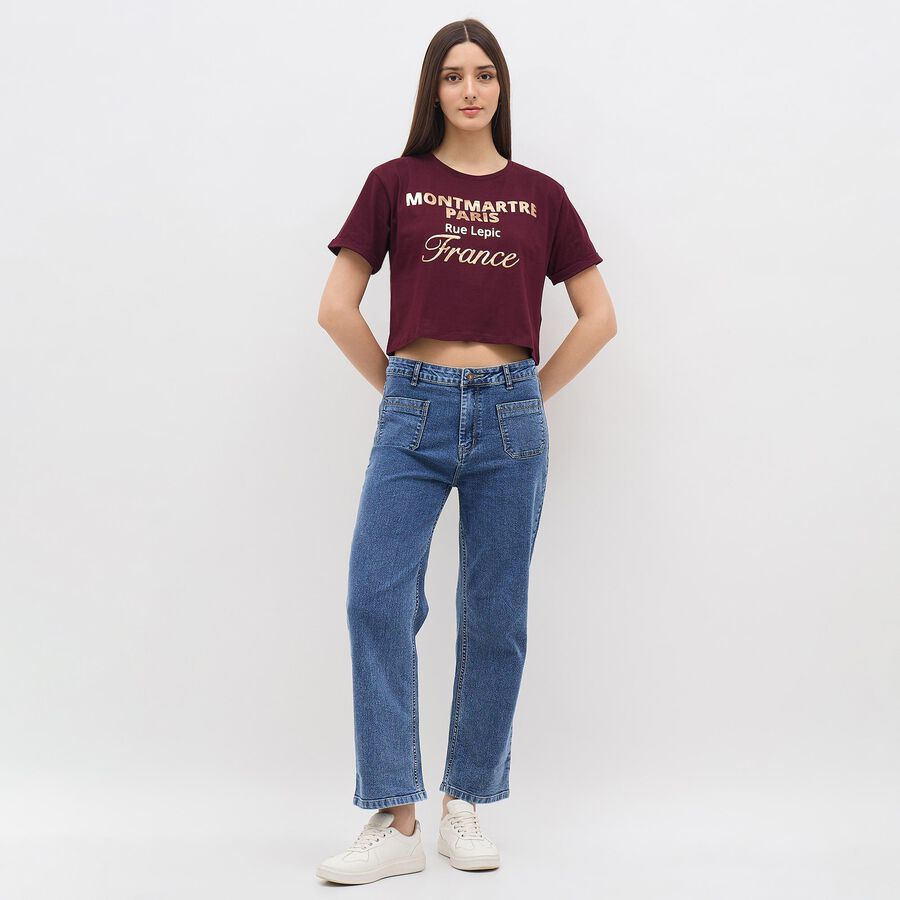 Women's Deep Burgundy Cotton Round Neck Casual Crop T-Shirt, Wine, large