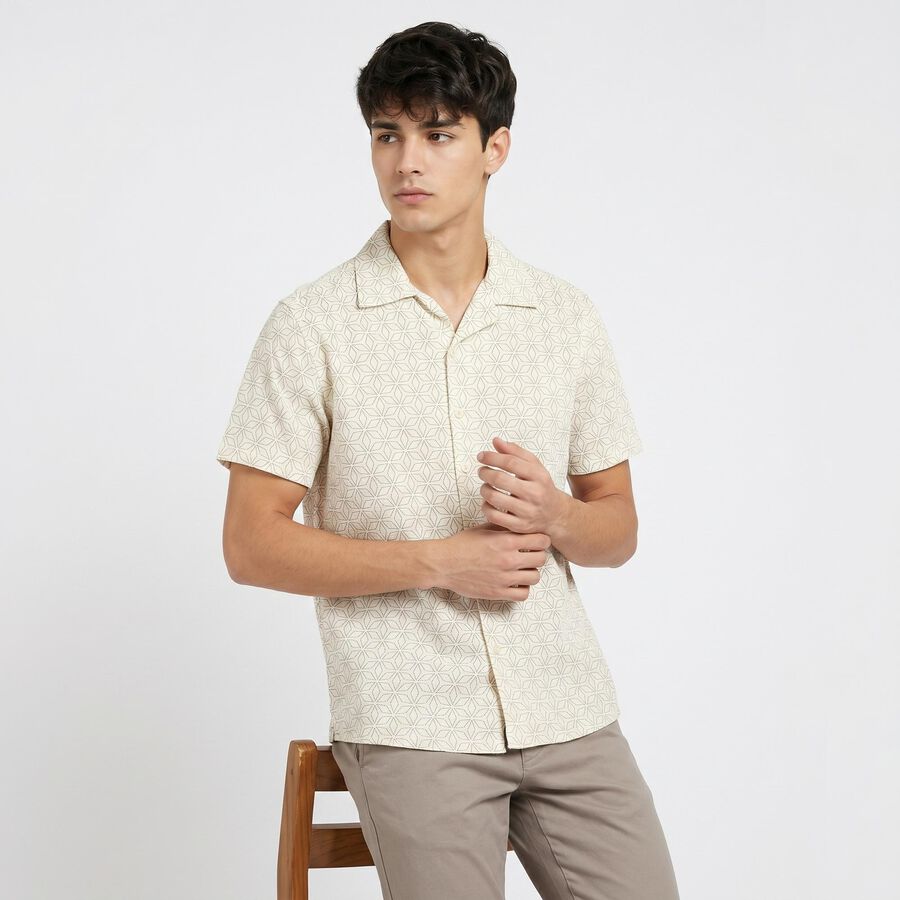 Men's Cream Short Sleeves Camp Collar Camp Collar Casual Shirt, ऑफ व्हाइट, large