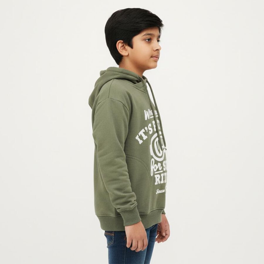 Boys Muted Olive Green Hooded Neck Casual Sweatshirt, ओलिव, large image number null